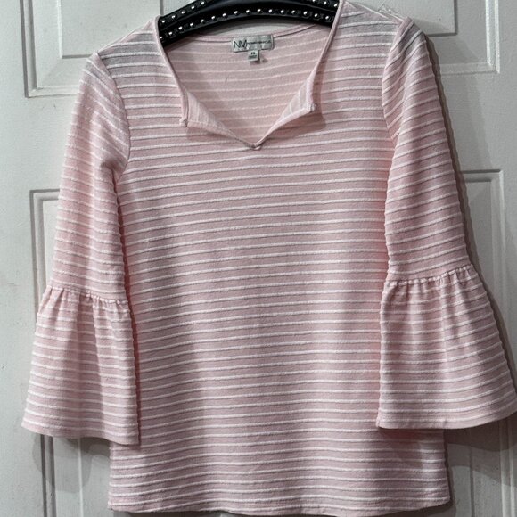 Neiman Marcus Women's Sz XS Knit Top 3/4 Bell Sleeve Light Pink/White Striped - Picture 1 of 11